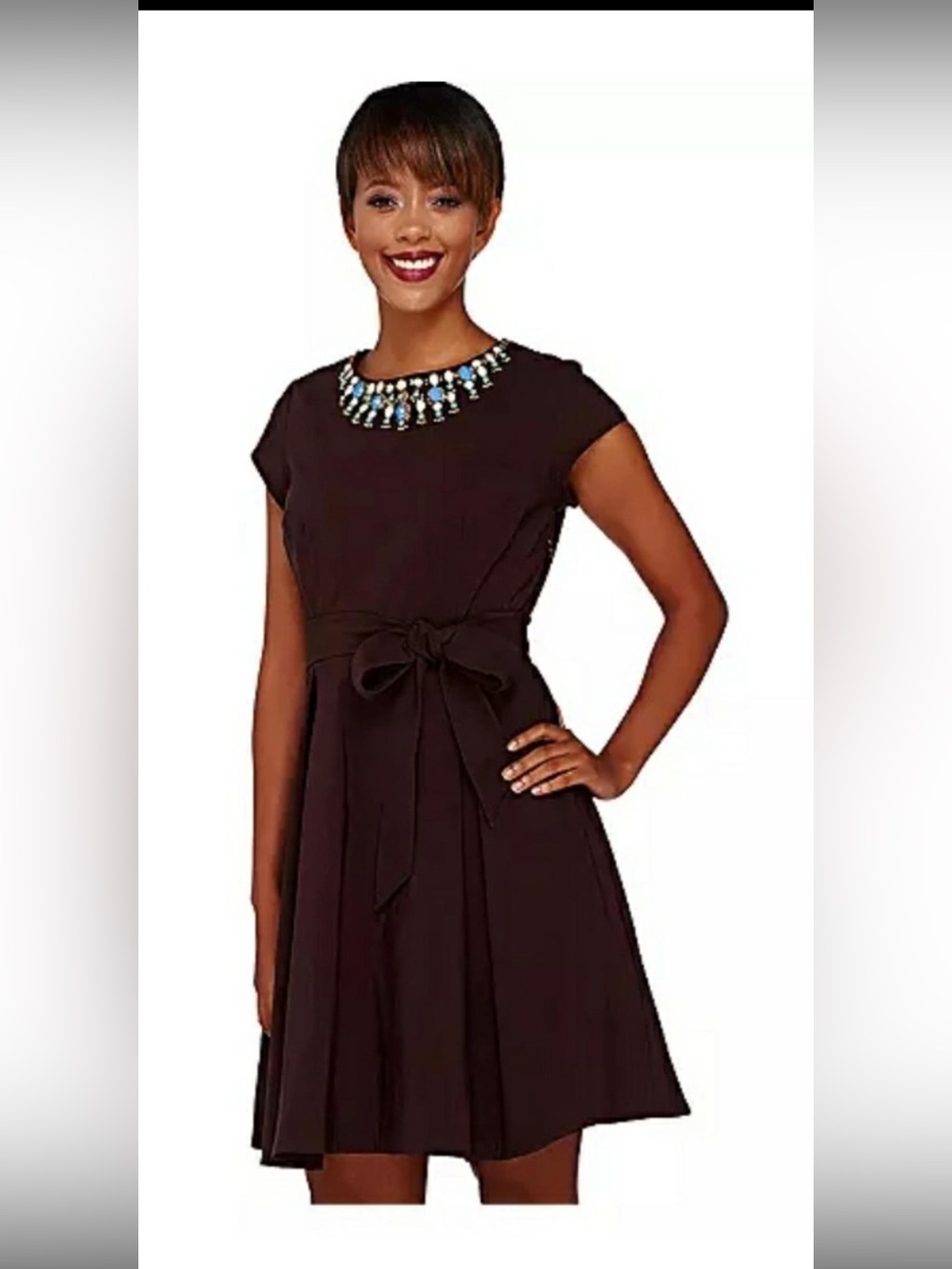 Isaac Mizrahi Maroon Midi Dress with Jeweled Neckline